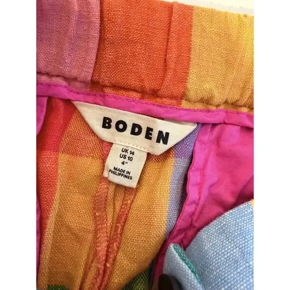 Boden Dulwich Linen Shorts in Rainbow Multigingham 4” Shorts - Size 10